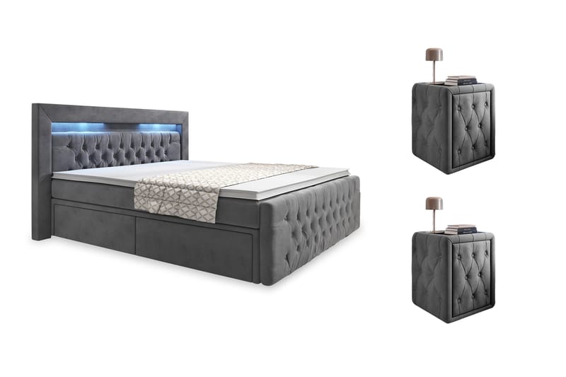 Franco Komplett Sengpakke med Oppbevaring LED-belysning 180x200 cm + 2 stk. Franco Nattbord, Grå / Fløyel