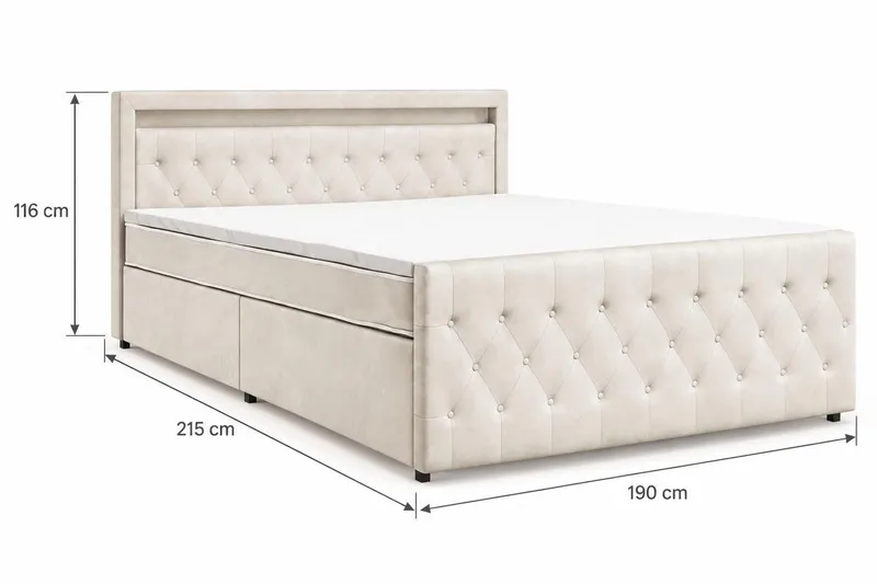 Franco light Komplett sengepakke med oppbevaring LED-belysning 180x200 cm - Beige - Møbler - Senger - Komplett sengepakke
