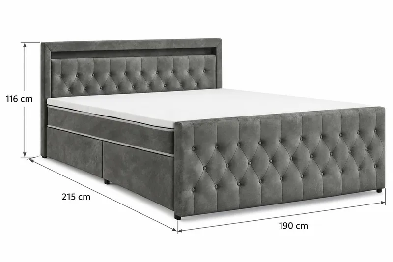 Franco light Komplett sengepakke med oppbevaring LED-belysning 180x200 cm - Grå - Møbler - Senger - Komplett sengepakke