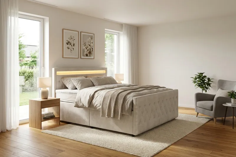 Franco light komplett sengepakke med oppbevaring og LED-belysning 180x200 cm - Beige - Møbler - Senger - Komplett sengepakke