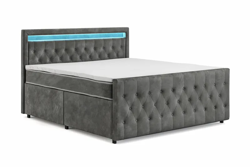 Franco light komplett sengepakke med oppbevaring og LED-belysning 180x200 cm - Grå - Møbler - Senger - Komplett sengepakke