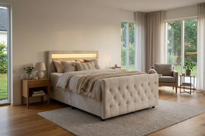 Franco Light komplett sengesett med oppbevaring LED-belysning 120x200 cm - Beige - Møbler - Senger - Komplett sengepakke