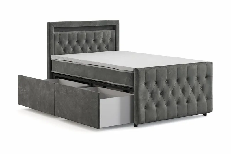 Franco Light komplett sengesett med oppbevaring LED-belysning 120x200 cm - Grå - Møbler - Senger - Komplett sengepakke
