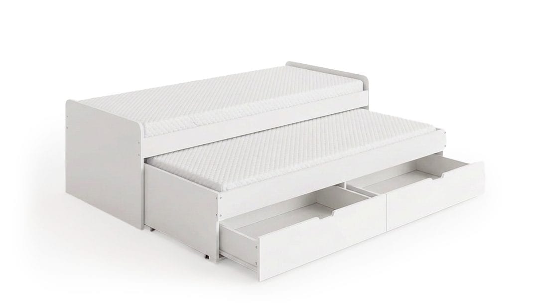 Granvik Sengeramme 90x200 cm uttrekkbar med ekstraseng og oppbevaring inkludert 2 madrasser - Hvit