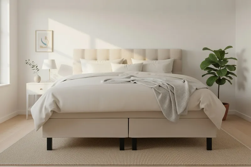 Hilton Komplett Sengpakke 160x200 cm Kontinentalseng med rutet sengegavl - Beige - Møbler - Senger - Kontinentalsenger