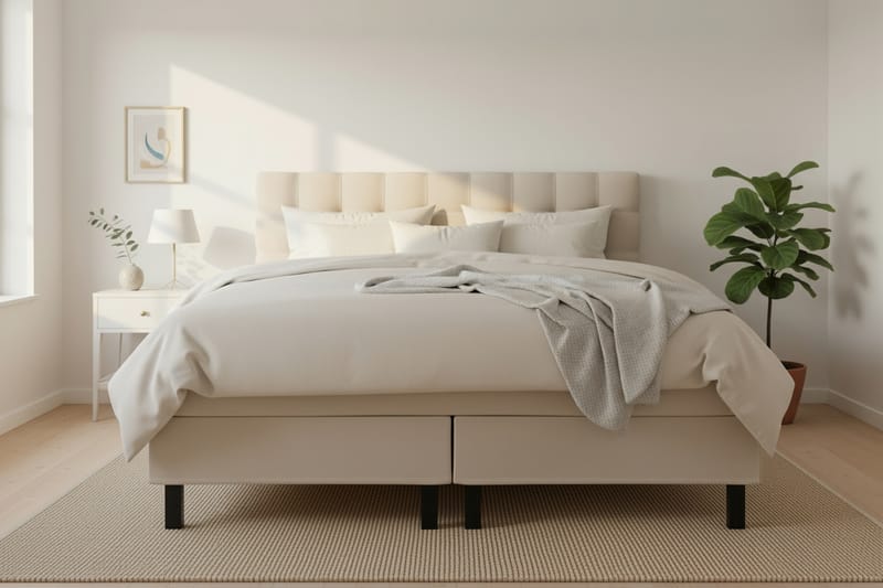 Hilton Komplett Sengpakke 160x200 cm Kontinentalseng med rutet sengegavl - Beige - Møbler - Senger - Komplett sengepakke