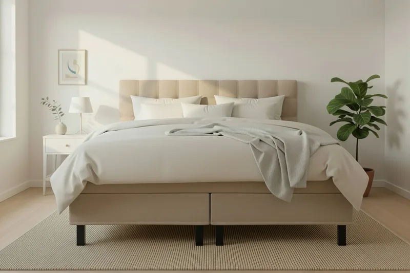 Hilton Komplett Sengpakke 160x200 cm Kontinentalseng med rutet sengegavl - Beige - Møbler - Senger - Kontinentalsenger