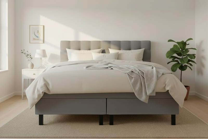 Hilton Komplett Sengpakke 180x200 cm Kontinentalseng med rutet sengegavl - Grå - Møbler - Senger - Kontinentalsenger