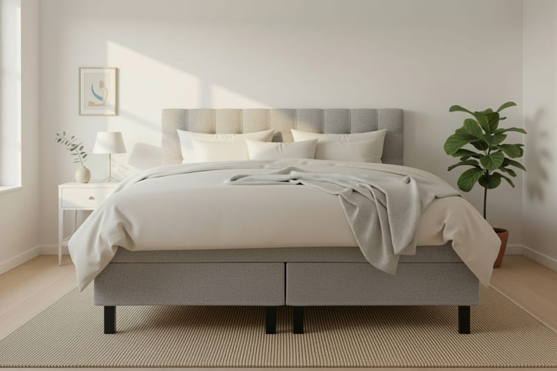 Hilton Komplett Sengpakke 180x200 cm Kontinentalseng med rutet sengegavl i teddy - Grå - Møbler - Senger - Kontinentalsenger