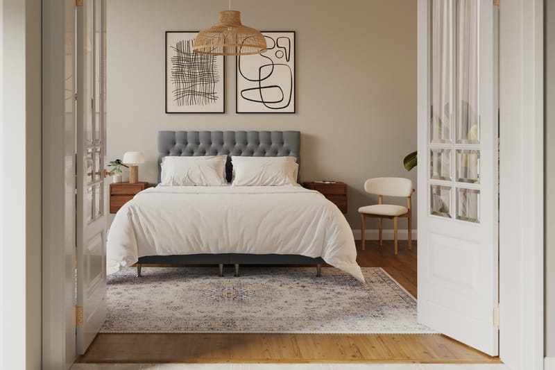 Hilton luksus Komplett Sengpakke 160x200 cm Kontinentalseng med knappet sengegavl i fløyel - Lysegrå / Fløyel - Møbler - Senger - Komplett sengepakke