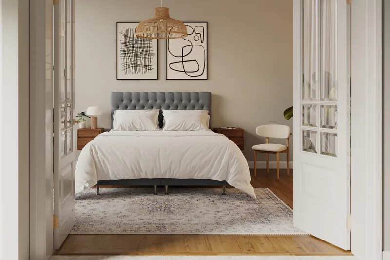 Hilton Lyx Komplett Sengpakke 160x200 cm Kontinentalseng med knappet sengegavl i fløyel - Lysegrå / Fløyel - Møbler - Senger - Kontinentalsenger