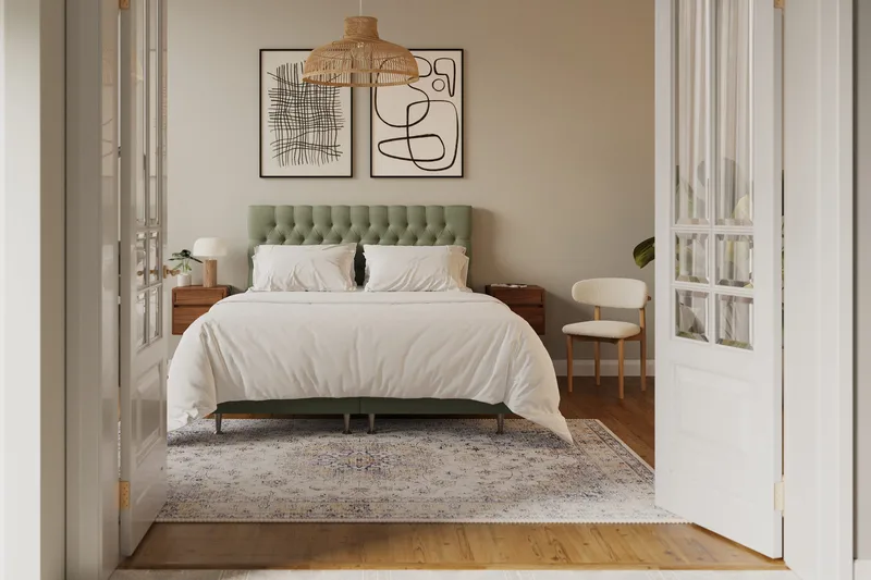 Hilton Lyx Komplett Sengpakke 160x200 cm Kontinentalseng med knappet sengegavl i fløyel - Olive / Fløyel - Møbler - Senger - Kontinentalsenger