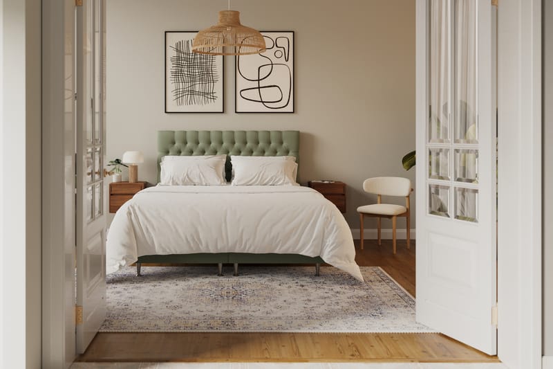 Hilton Lyx Komplett Sengpakke 160x200 cm Kontinentalseng med knappet sengegavl i fløyel - Olive / Fløyel - Møbler - Senger - Komplett sengepakke