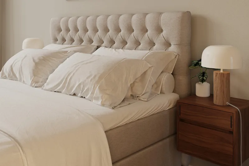 Hilton Lyx Komplett Sengpakke 160x200 cm Kontinentalseng med knappet sengegavl - Lys Beige - Møbler - Senger - Kontinentalsenger