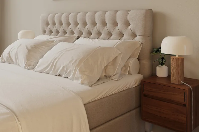 Hilton Lyx Komplett Sengpakke 180x200 cm Kontinentalseng med knappet sengegavl - Beige - Møbler - Senger - Kontinentalsenger