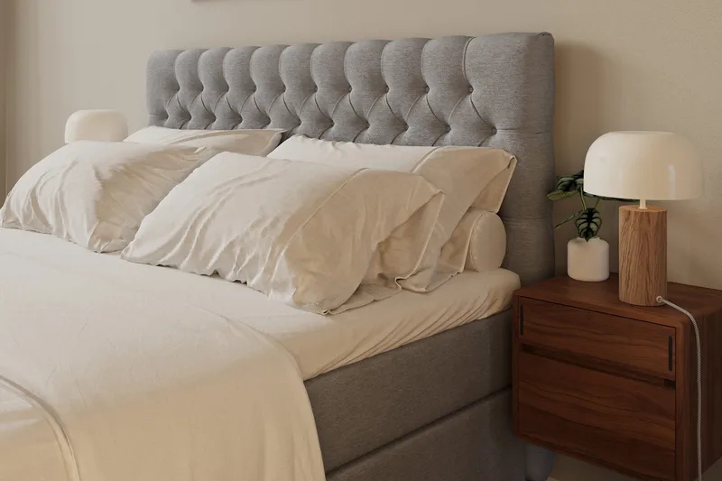 Hilton Lyx Komplett Sengpakke 180x200 cm Kontinentalseng med knappet sengegavl - Grå - Møbler - Senger - Kontinentalsenger