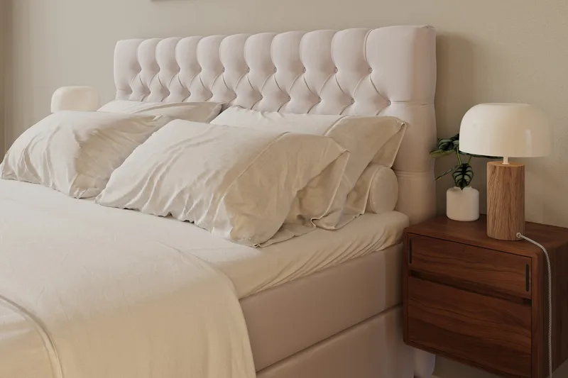 Hilton Lyx Komplett Sengpakke 180x200 cm Kontinentalseng med knappet sengegavl i fløyel - Beige - Møbler - Senger - Kontinentalsenger