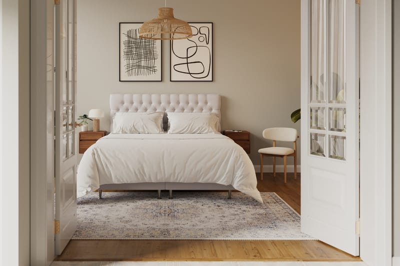 Hilton lyx Komplett Sengpakke 180x200 cm Kontinentalseng med knappet sengegavl i fløyel - Beige - Møbler - Senger - Komplett sengepakke