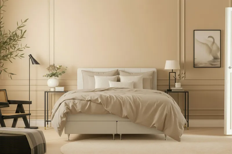 Hilton Premium Komplett Sengpakke 160x200 cm Kontinentalseng med Sengegavl - Beige Stoff - Møbler - Senger - Kontinentalsenger