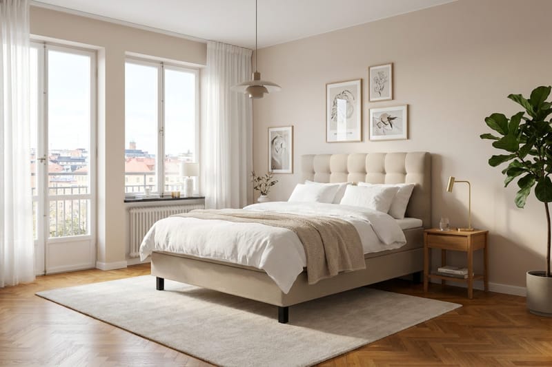 HVILA Classic komplett sengepakke 120x200 cm, kontinentalseng med rutete sengegavl - Beige - Møbler - Senger - Komplett sengepakke