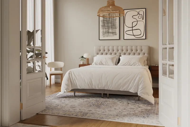 HVILA Lyx komplett sengesett 180x200 cm kontinentalseng med knappepolstret sengegavl - Beige - Møbler - Senger - Kontinentalsenger