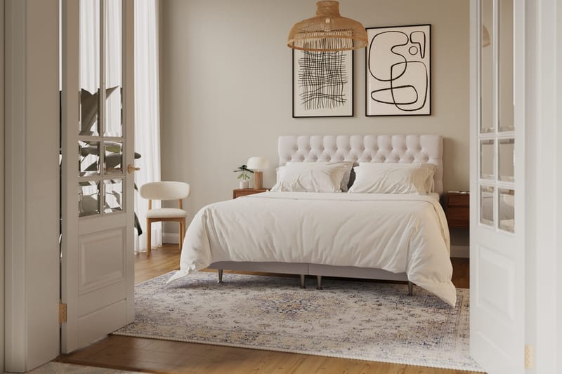HVILA Lyx komplett sengesett 180x200 cm kontinentalseng med knappepolstret sengegavl i fløyel - Beige - Møbler - Senger - Kontinentalsenger