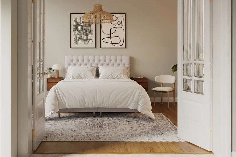 HVILA Lyx komplett sengesett 180x200 cm kontinentalseng med knappepolstret sengegavl i fløyel - Beige - Møbler - Senger - Kontinentalsenger
