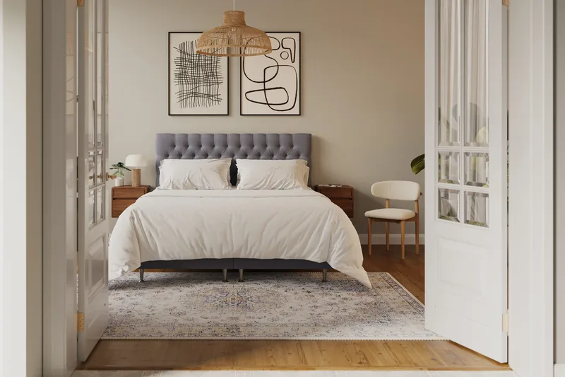HVILA Lyx komplett sengesett 180x200 cm kontinentalseng med knappepolstret sengegavl i fløyel - Grå - Møbler - Senger - Komplett sengepakke