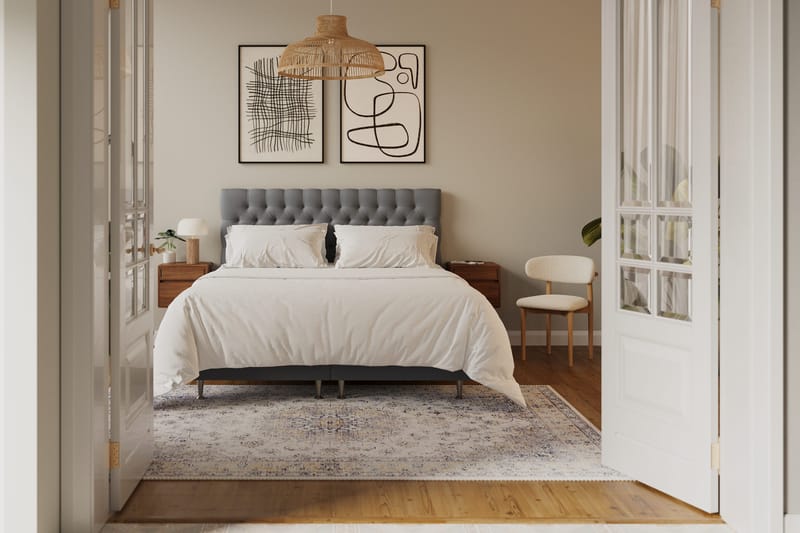 HVILA Lyx komplett sengesett 180x200 cm kontinentalseng med knappepolstret sengegavl i fløyel - Lysegrå - Møbler - Senger - Kontinentalsenger