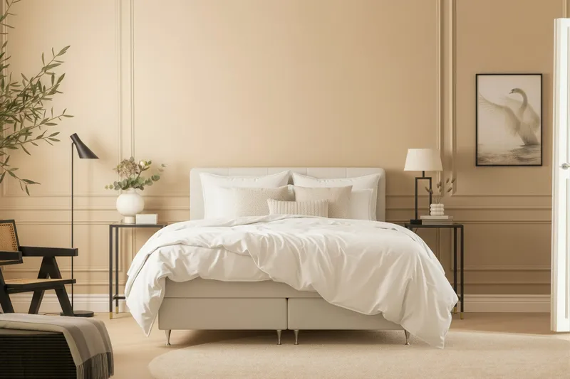 HVILA Premium Komplett Sengpakke 160x200 cm Kontinentalseng med Sengegavl - Lysebeige bouclé - Møbler - Senger - Kontinentalsenger
