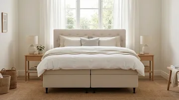 HVILA Plus Komplett Sengepakke – Kontinentalseng 160x200 cm i Stoff med Oppbevaring, Sengegavl + Overmadrass med Fasthetsgrad Medium Fast - Lys Beige - Møbler - Senger - Komplett sengepakke