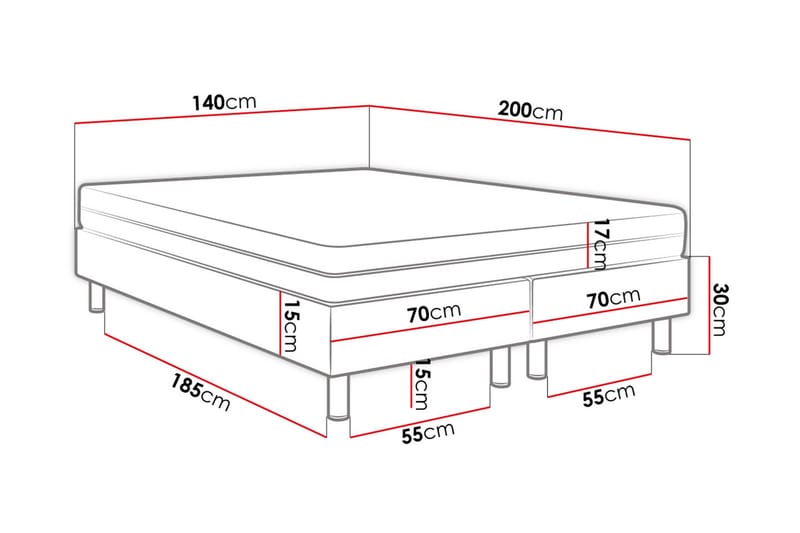 Adeliza Kontinentalseng 140x200 cm+Panel 30 cm - Rosa - Komplett sengepakke