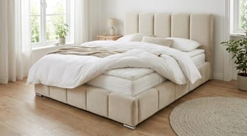 Cleaton boblete sengeramme 180x200 cm med oppbevaring, HVILA pocketfjærmadrass og overmadrass i memoryskum med vaskbart trekk - Beige/hvit - Møbler - Senger - Komplett sengepakke