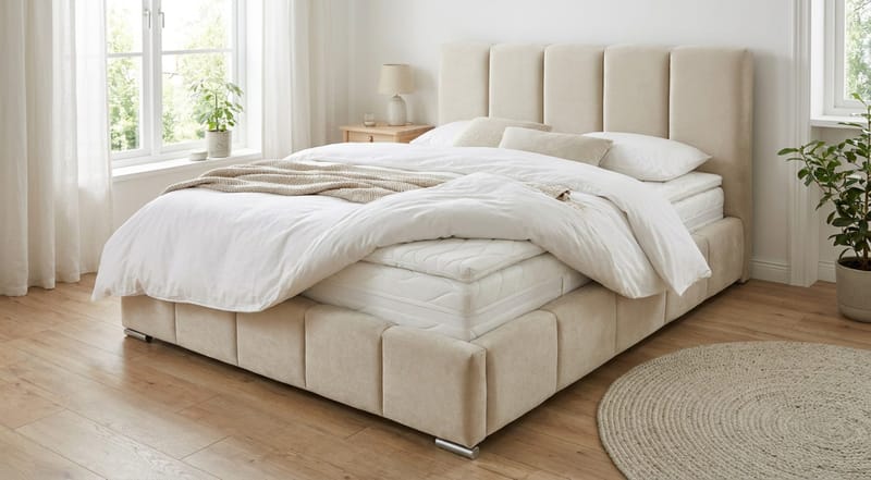 Cleaton sengeramme 160x200 cm med oppbevaring, HVILA pocketfjærmadrass og overmadrass i polyesterskum med vaskbart trekk - Beige/hvit - Møbler - Senger - Komplett sengepakke