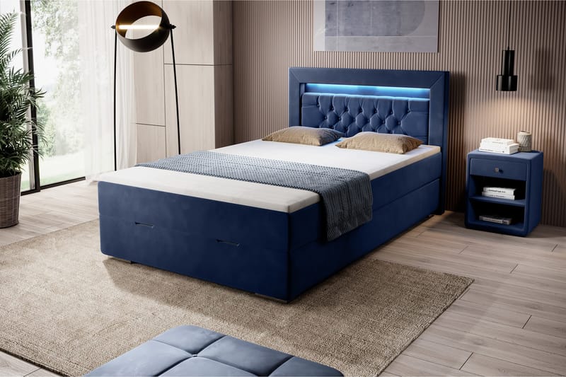 Franco Sengepakke 120x200 med Oppbevaring - Blå/Fløyel - Komplett sengepakke - Seng med oppbevaring