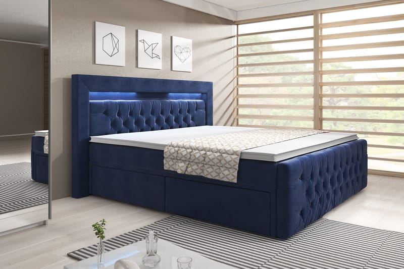 Franco Sengepakke 180x200 med Oppbevaring - Mørkeblå / Fløyel - Komplett sengepakke - Seng med oppbevaring - Dobbeltsenger