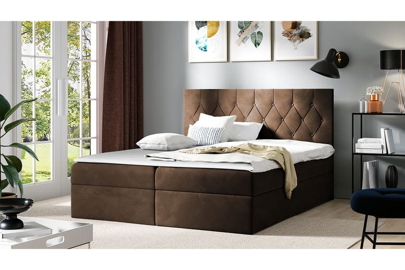 Kontinentalseng 204x208 cm - Brun - Komplett sengepakke - Seng med oppbevaring - Familieseng
