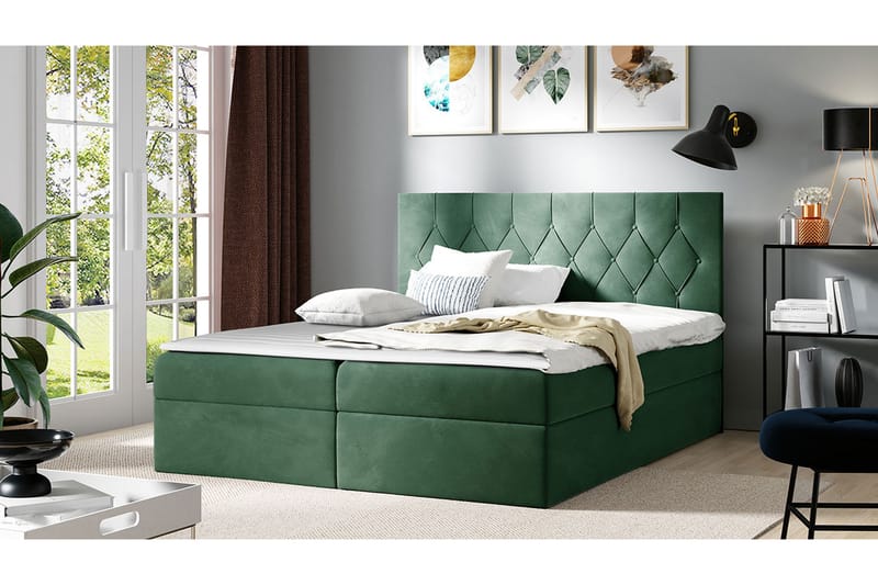 Kontinentalseng 204x208 cm - Grønn - Komplett sengepakke - Seng med oppbevaring - Familieseng