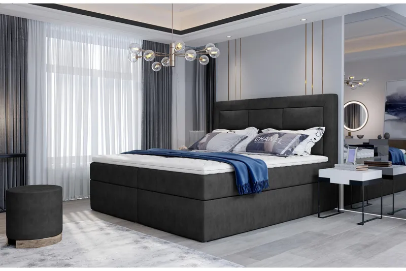 Vivera Sengepakke 140x200 cm i Stoff med Sengegavl + Overmadrass - Antrasitt - Møbler - Senger - Komplett sengepakke