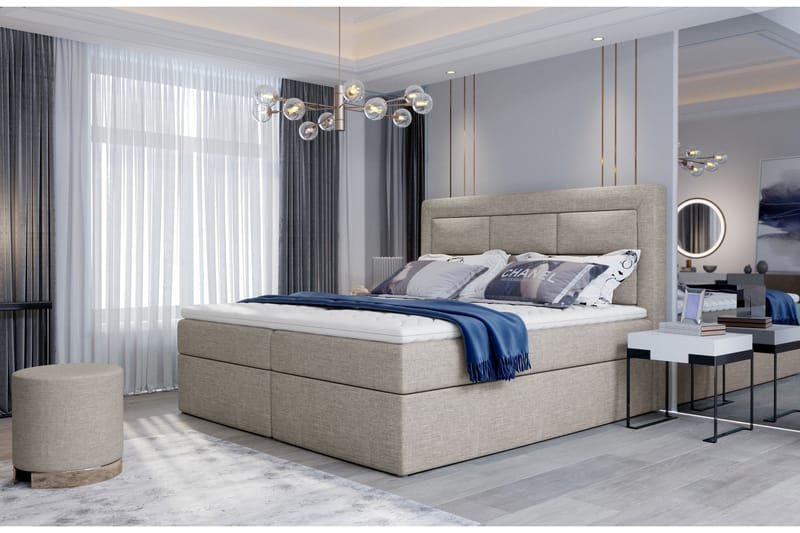 Vivera Sengepakke 140x200 cm i Stoff med Sengegavl + Overmadrass, Beige