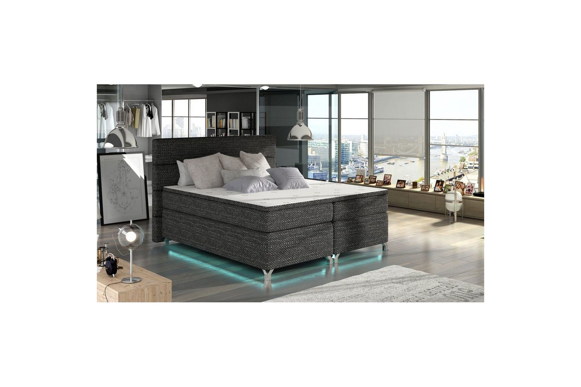 Boxspring Eltap Amadeo med LED - Berlin 02, Mørkegrå, 160x200 cm