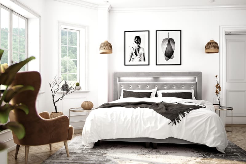 Hilton Luxury Velvet Sengepakke 180x200 - Lysegrå - Møbler - Senger - Komplett sengepakke