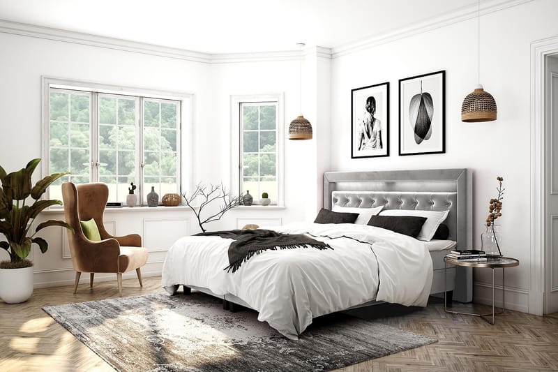 Hilton Luxury Velvet Sengepakke 210x210 - Lysegrå - Møbler - Senger - Komplett sengepakke