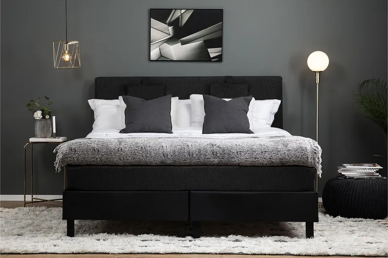 Lucky Komplett Sengepakke 160x200 Lateks Glatt Sengegavl - Nakkepute Liten Svart/Grå/PU - Møbler - Senger - Kontinentalsenger