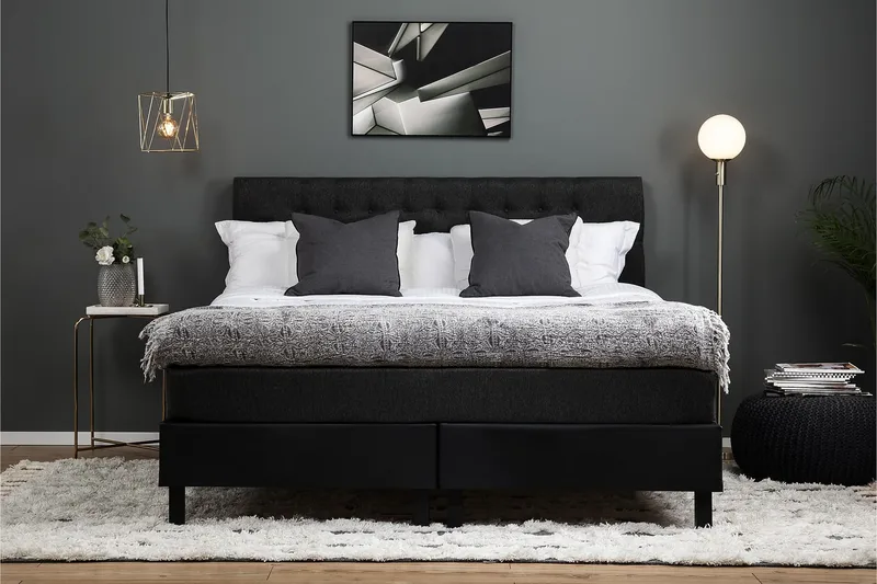 Lucky Komplett Sengepakke 160x200 Memory Diamant Sengegavl - Svart/Grå/PU - Møbler - Senger - Kontinentalsenger