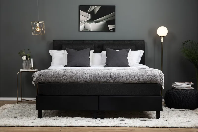 Lucky Komplett Sengepakke 180x200 Memory Diamant Sengegavl - Nakkepute Stor Svart/Grå/PU - Møbler - Senger - Kontinentalsenger