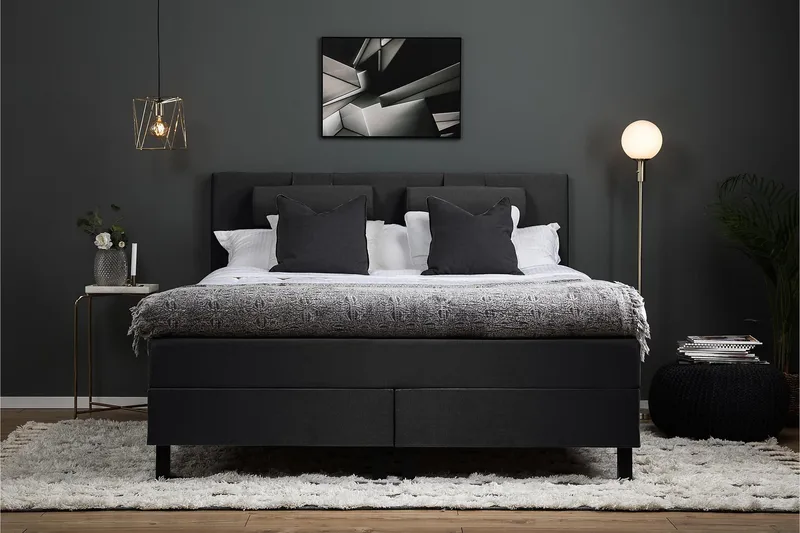 Lucky Komplett Sengepakke 180x200 Polyeter Glatt Sengegavl - Nakkepute Stor Svart/Grå - Møbler - Senger - Kontinentalsenger