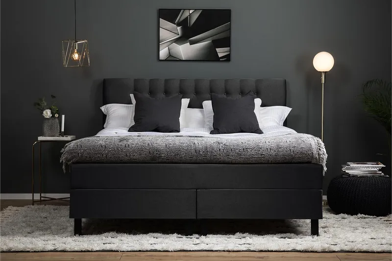 Lucky Komplett Sengpakke 180x200 cm Polyeter Diamant Sengegavl - Svart / Mørkgrå - Møbler - Senger - Kontinentalsenger