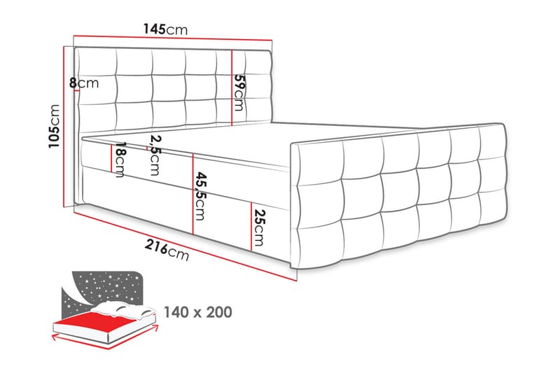 Milano Kontinentalseng 140x200 cm med Sengegavl - Rosa - Kontinentalsenger