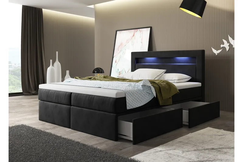 Oscar Kontinentalseng 140x200 cm med Sengegavl + Overmadrass med Fasthetsgrad Medium, Svart